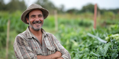 Fototapeta premium Ein Bauer der die Ernte in der Hand hält. Ökologischer und nachhaltige Landwirtschaft mit biologischen Ertrag.