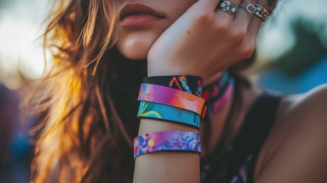 Close-up of a young woman festival wristbands, each representing a different concert memory.