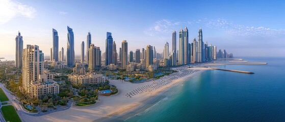 Panoramic sunrise view of cityscape, beach, and ocean.