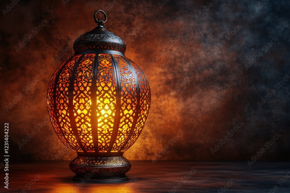 Poster lit lamp on a wooden table with warm light illuminating the surrounding space and creating a cozy at