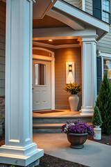 Elegant Home Exterior at Dusk: Inviting Porch Design with Classic Columns and Warm Lighting