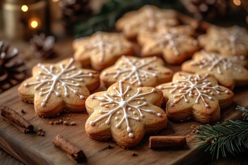 Fototapeta premium Freshly Baked Snowflake Cookies with Frosting in Rustic Kitchen Setting Cozy Holiday Atmosphere