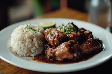 Close-up of savory braised chicken pieces served with a side of steamed rice and lime wedge on a white plate.