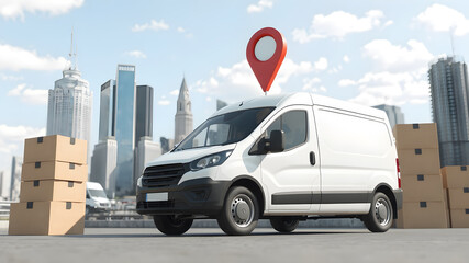 White van over folded flat map and red pin. Cityscape background. 3d illustration.delivery of parcels to the address. a truck next to which is a cart with parcels and a gps point.

