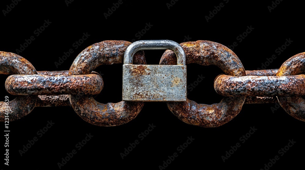 Poster a rusted, worn chain with a padlock against a black backdrop, representing security, protection, and