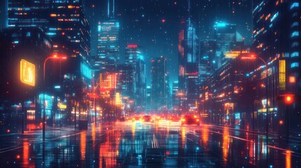 Futuristic city street night rain traffic