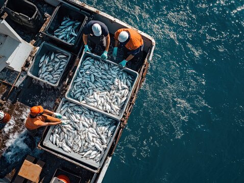 Aerial view of fishermen sorting fresh catches of fish into crates on a boat at sea.