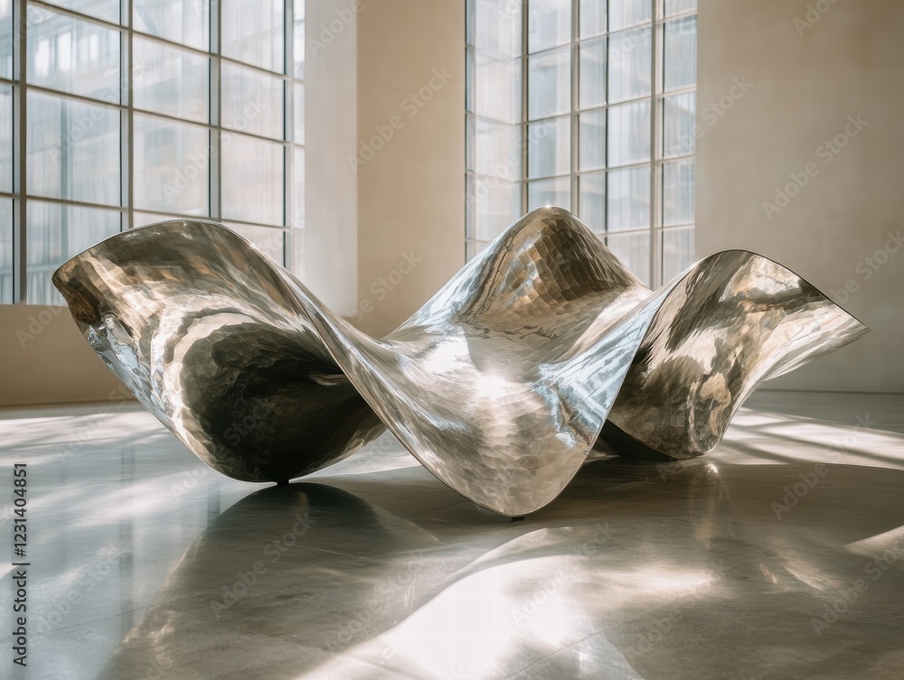 Aufkleber a close-up of an abstract sculpture made from metal, with curved and angular shapes, reflecting ligh