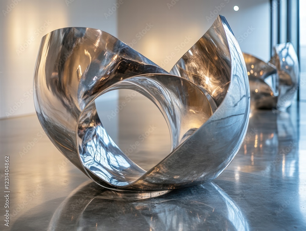 Poster a close-up of an abstract sculpture made from metal, with curved and angular shapes, reflecting ligh