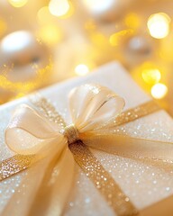 Close-up of a sparkling gift box with a gold ribbon bow, adorned with warm bokeh lights in the background.