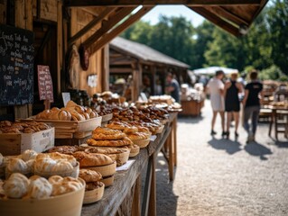 Freshly baked bread and pastries displayed at an outdoor market on a sunny day. Customers are visible in the background.