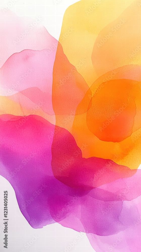 Poster a close-up of an abstract watercolor painting with fluid, overlapping shapes and soft gradients of c