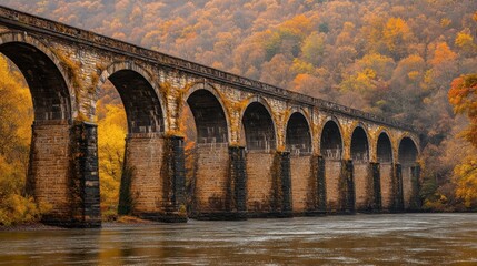 Obraz premium Stone arch bridge spanning a river, surrounded by autumn foliage.
