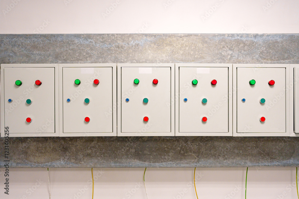 Poster control panel with indicator lights and buttons in a modern industrial setting