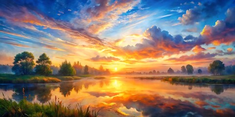 Naklejka premium Painting of a sunset over a lake with trees in the background