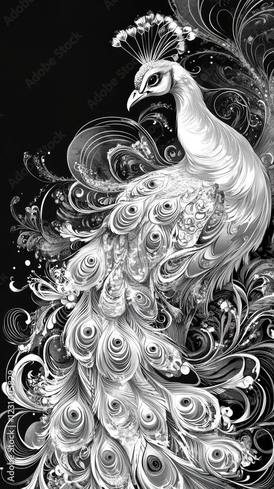 Poster a close-up of an intricate line art drawing of a peacock, with detailed feathers and flowing lines c