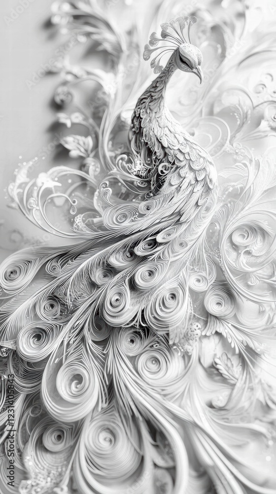 Poster a close-up of an intricate line art drawing of a peacock, with detailed feathers and flowing lines c