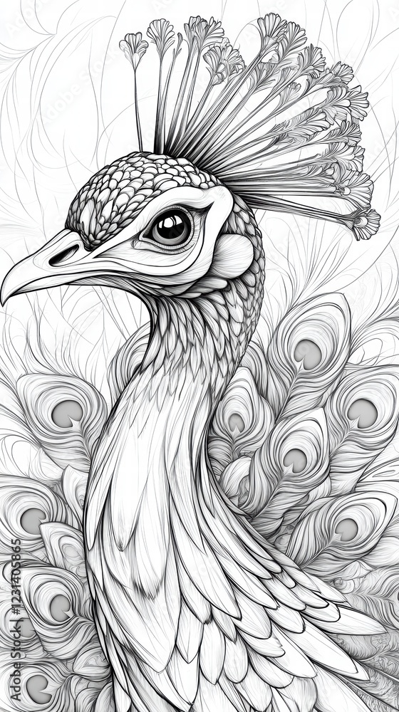 Poster a close-up of an intricate line art drawing of a peacock, with detailed feathers and flowing lines c