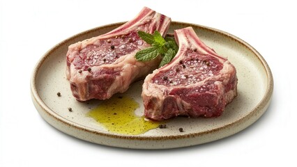Rare Lamb Chops Garnished with Mint and Olive Oil