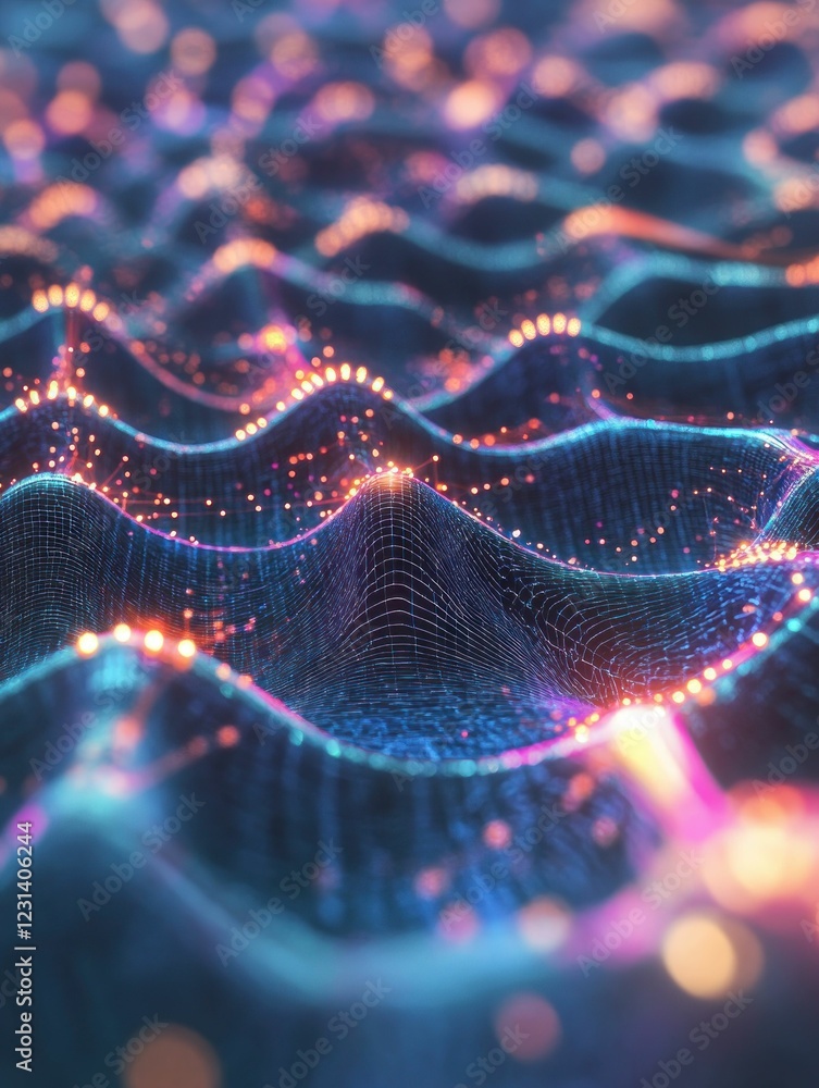 Poster abstract digital landscape: glowing nodes and mesh network