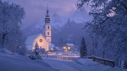 Church of Ramsau in Winter Twilight, Bavaria, Germany