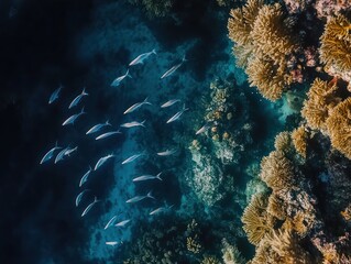 Obraz premium Aerial view of a school of fish swimming near a vibrant coral reef in clear ocean water.