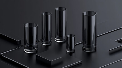 Obraz premium Sleek, black glassware of varying heights arranged on a dark geometric background. A minimalist and elegant still life.