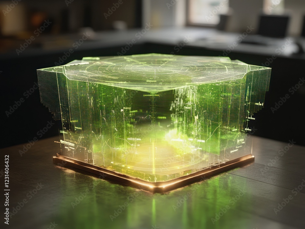 Poster luminous green cube with internal circuitry, glowing softly on a dark surface.