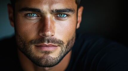Fototapeta premium A close-up portrait of a handsome man with striking eyes, wearing a black t-shirt, with dramatic lighting highlighting his facial features.