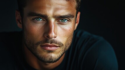 Fototapeta premium A close-up portrait of a handsome man with striking eyes, wearing a black t-shirt, with dramatic lighting highlighting his facial features.