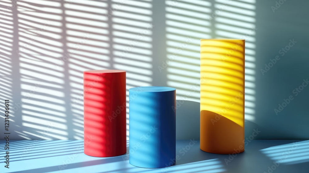 Poster a set of colorful red, blue, and yellow cylinder pedestals on a window shade background, creating a 