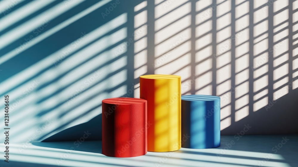 Poster a set of colorful red, blue, and yellow cylinder pedestals on a window shade background, creating a 