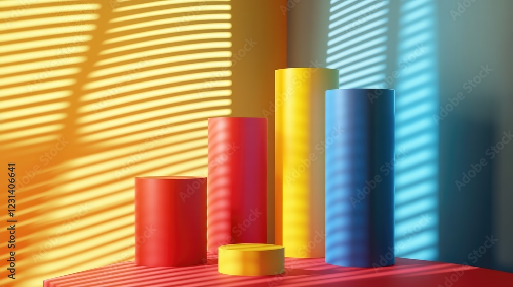 Poster a set of colorful red, blue, and yellow cylinder pedestals on a window shade background, creating a 