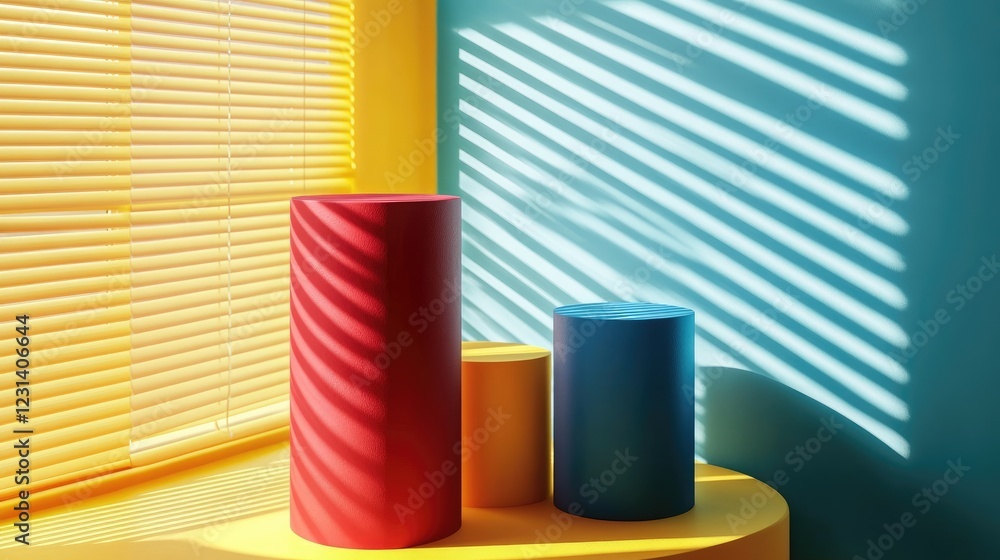 Poster a set of colorful red, blue, and yellow cylinder pedestals on a window shade background, creating a 