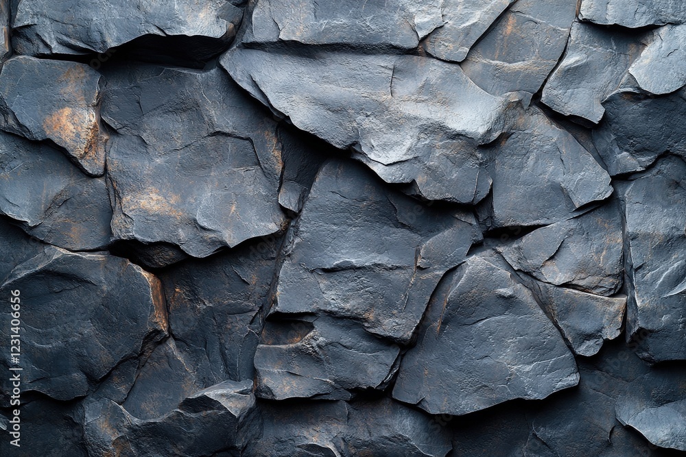 Poster close up of textured rock wall surface with various patterns and colors in natural setting