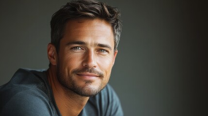 Obraz premium A close-up portrait of a handsome man with short, neatly styled hair and a slight smile, wearing a casual shirt in soft, natural light.