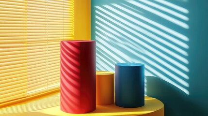 A set of colorful red, blue, and yellow cylinder pedestals on a window shade background, creating a vibrant and dynamic atmosphere for product display