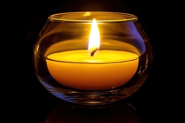 A single lit yellow candle in a clear glass holder against a black background.