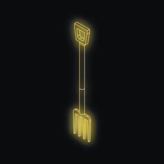 Neon yellow gardening pitchfork with long handle glowing on dark background, isometric projection
