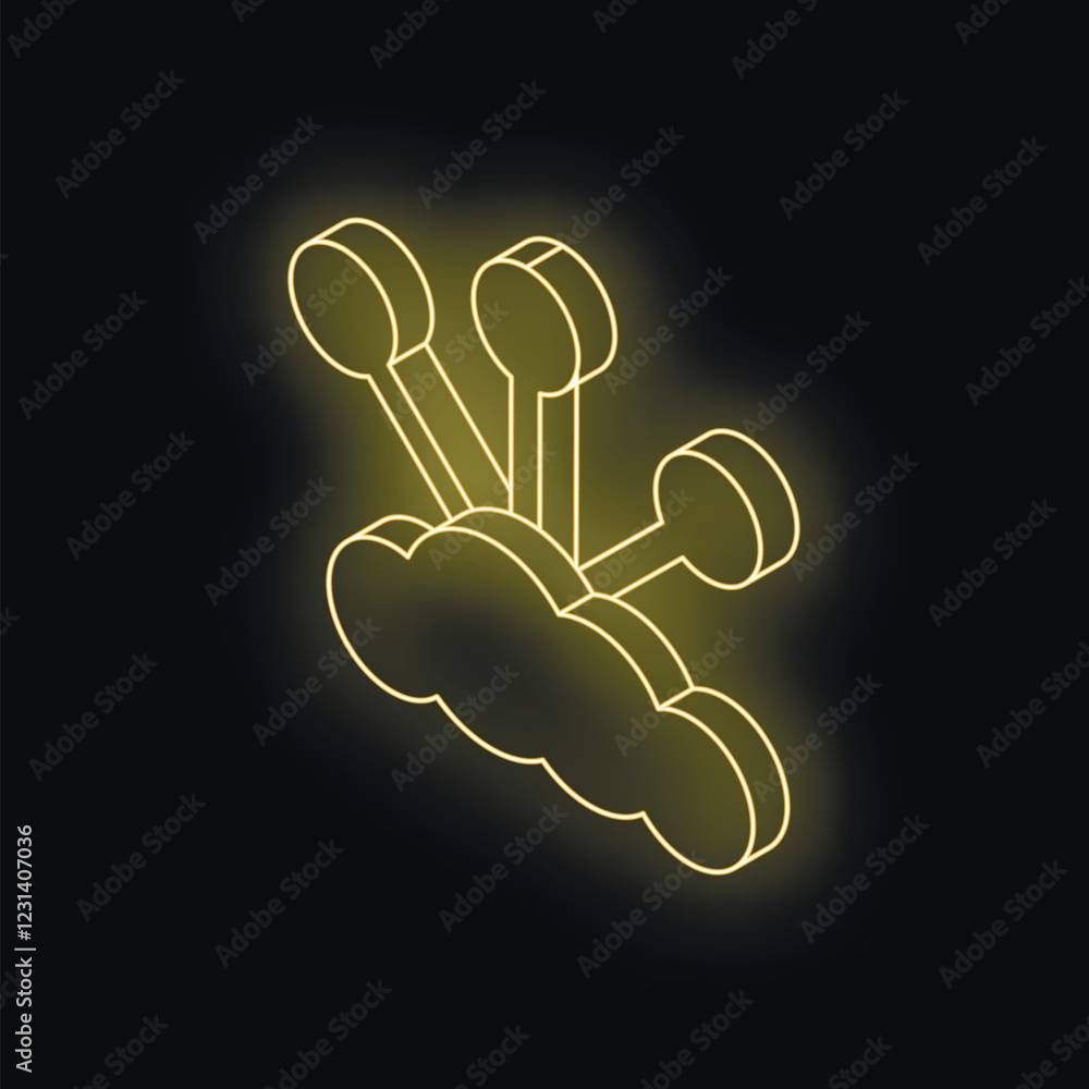 Poster glowing neon yellow cloud computing symbol representing data storage and network connectivity
