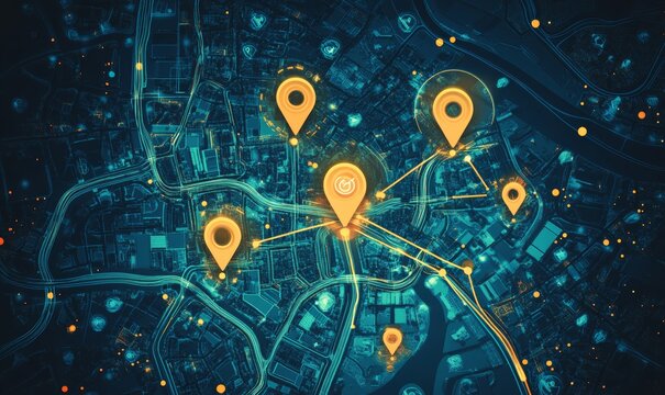 Geolocation Tracking: Illustration of a map with digital footprints indicating geolocation data collected from mobile devices and online activities, highlighting location-based