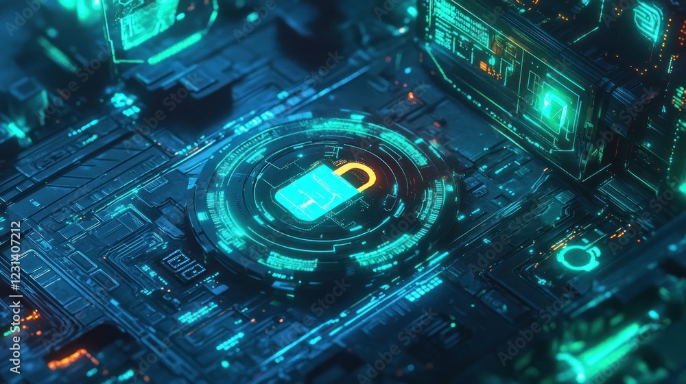 Poster futuristic digital security system interface with holographic padlock on a circuit board.