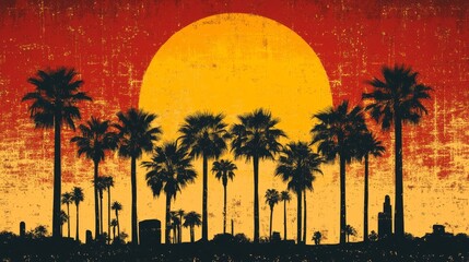Silhouette of Palm Trees Against a Fiery Sunset and Starry Sky