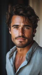 Fototapeta premium A close-up shot of a handsome man wearing a casual button-up shirt, with a soft smile and a warm expression, captured in natural light.