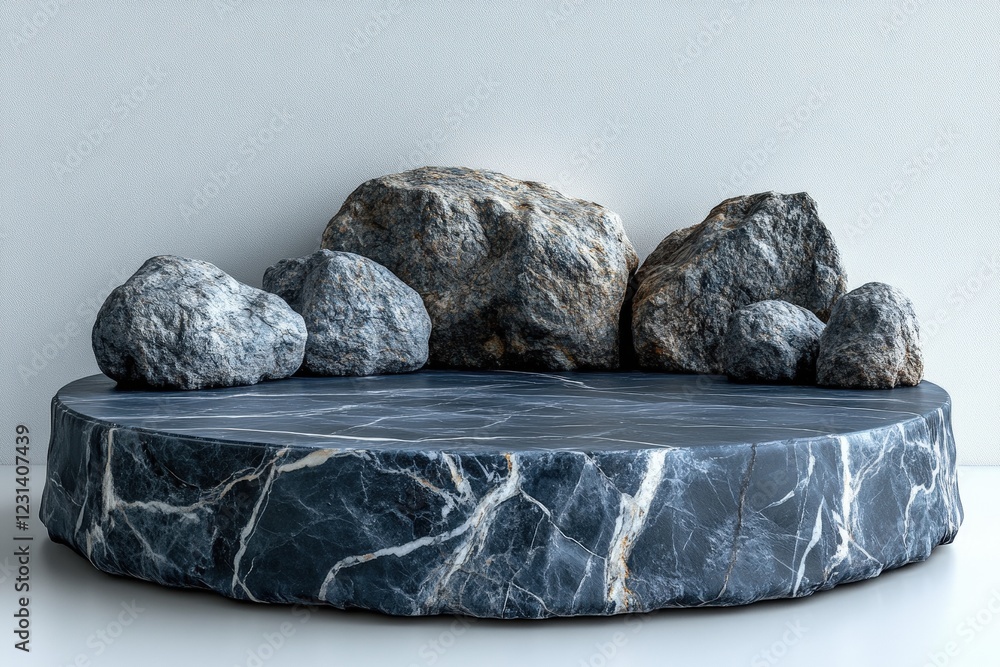Poster round table with a marble top surrounded by various rocks in a natural setting