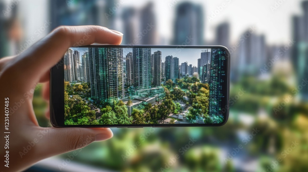 Poster A smartphone screen with augmented reality visuals merging into the real world environment, illustrating the seamless fusion of technology and reality