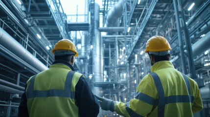 Construction engineers inspecting reinforced concrete structures at a developing manufacturing plant.