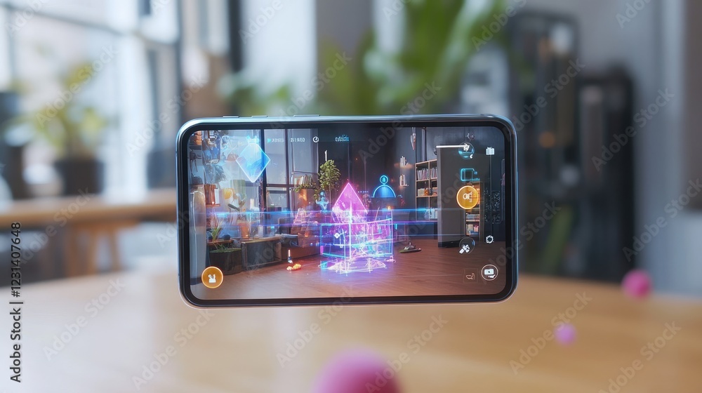 Poster A smartphone showing AR elements interacting with the physical world, creating a seamless integration of technology with everyday life
