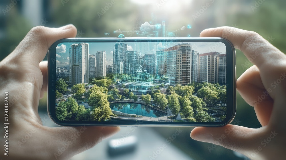 Poster A smartphone showing AR elements interacting with the physical world, creating a seamless integration of technology with everyday life