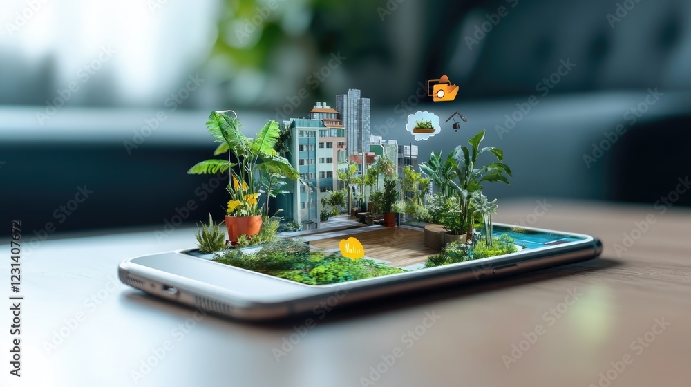 Aufkleber A smartphone showing AR elements interacting with the physical world, creating a seamless integration of technology with everyday life